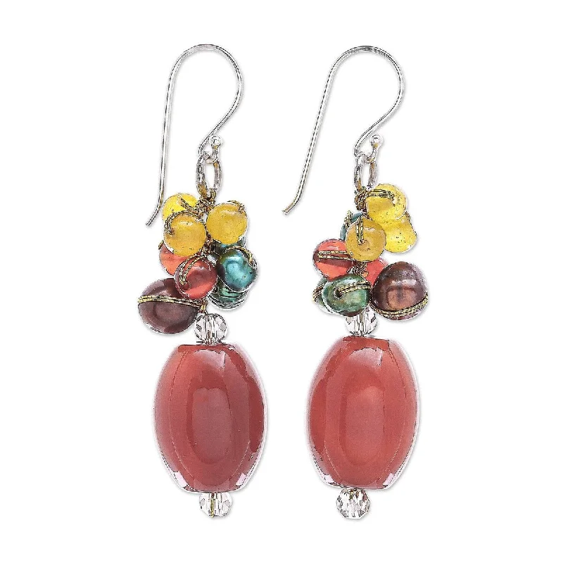 Forged bar earrings-NOVICA Festival of Lights, Carnelian and cultured pearl dangle earrings - 2*0.5