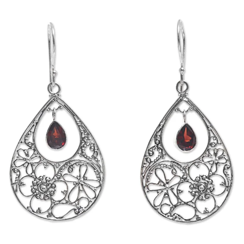 Family badge earrings-NOVICA Floral Days, Garnet dangle earrings - 2*0.9