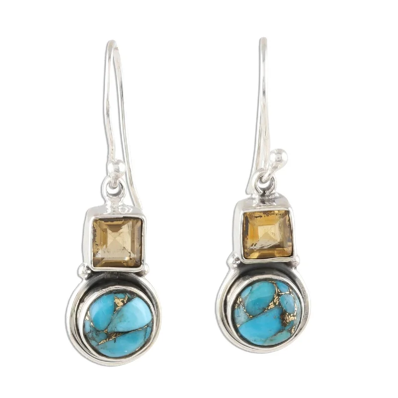 Twisted alloy earrings-NOVICA Glittering Combo, Citrine and composite turquoise dangle earrings - 1.1*0.3