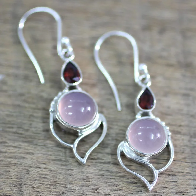 Fused alloy earrings-NOVICA Handmade Pink Crest Sterling Silver Garnet Chalcedony Earrings (India) - 1.8*0.6