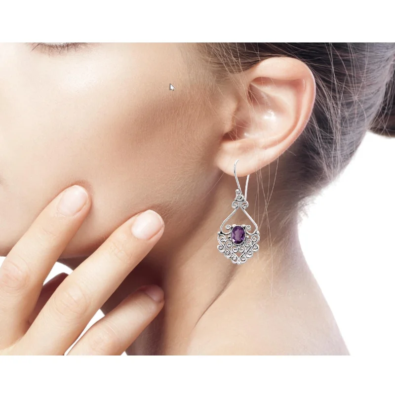 Leather stud earrings-NOVICA Handmade Sterling Silver 'Bali Dynasty' Amethyst Filigree Earrings (Indonesia)