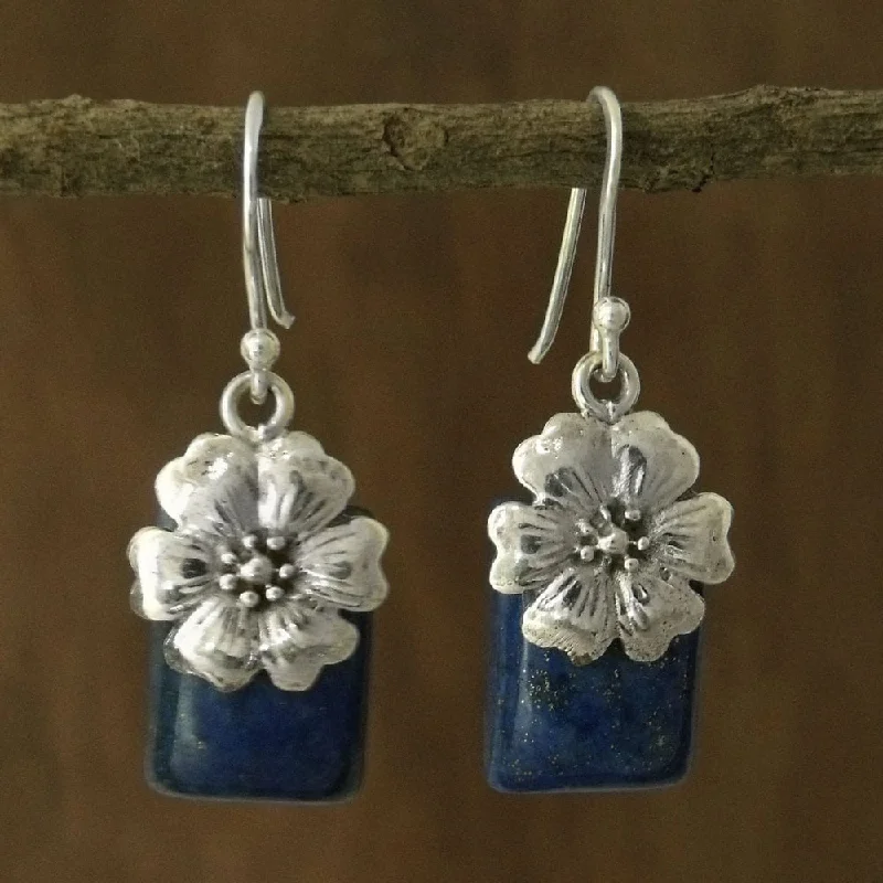 River pebble earrings-NOVICA Handmade Sterling Silver Blue Lily Lapis Lazuli Earrings (India)