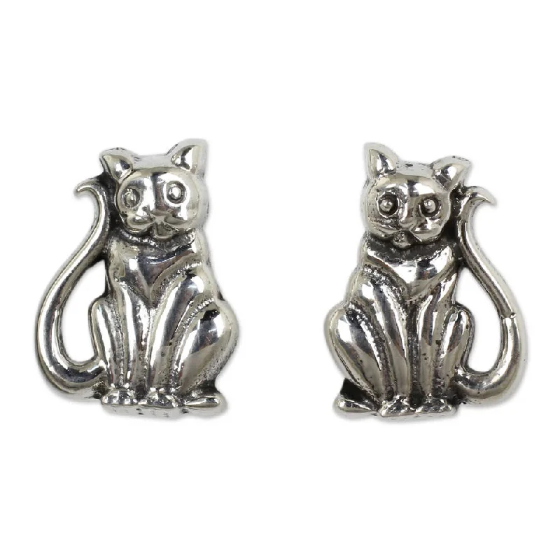 Eroded edge earrings-NOVICA Handmade Sterling Silver 'Contented Kittens' Earrings (Thailand)