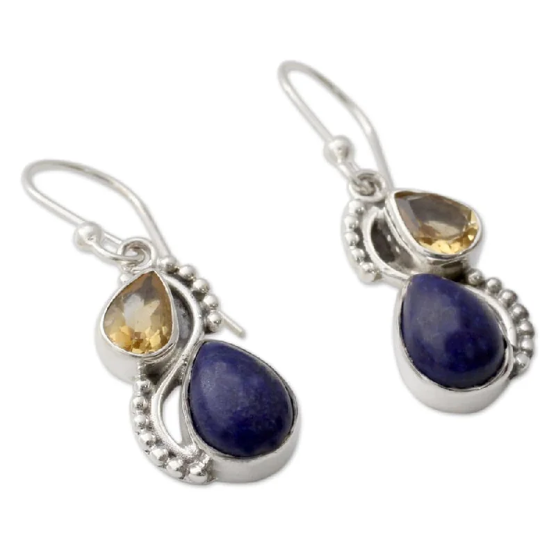 Family badge earrings-NOVICA Handmade Sterling Silver Two Teardrops Lapis Lazuli Citrine Earrings (India)