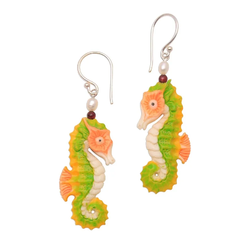 Onyx vein earrings-NOVICA Happy Seahorses, Bone dangle earrings - 2.2*0.4