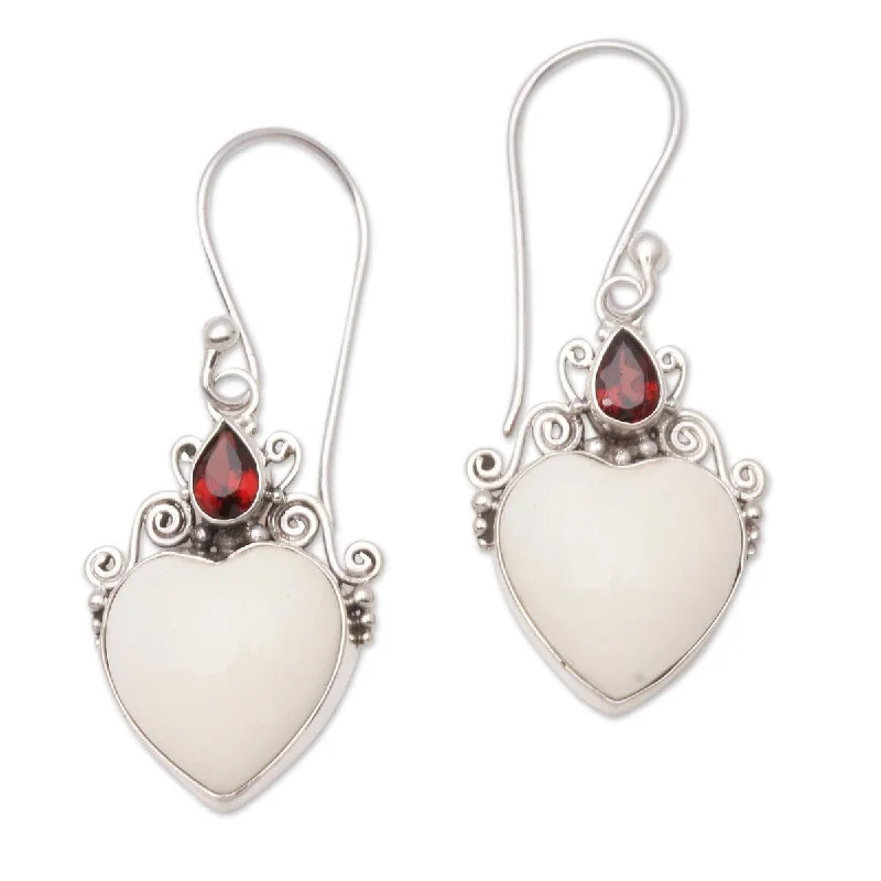 Curved hoop earrings-NOVICA Heart Passion, Garnet and bone dangle earrings - 1.7*0.7