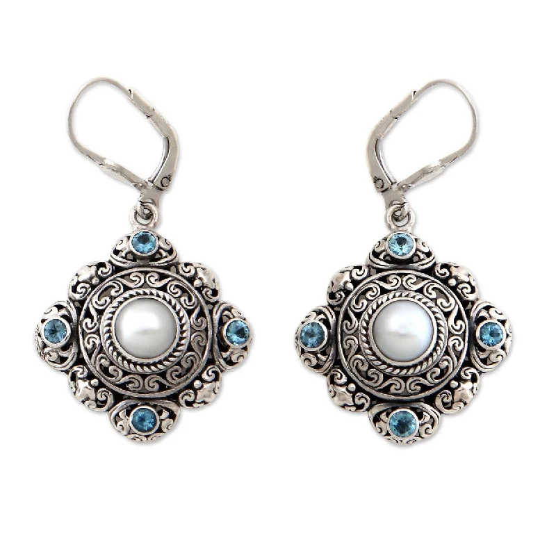 Sesame sprout earrings-NOVICA Mahameru, Cultured pearl and blue topaz dangle earrings - 2L*1W