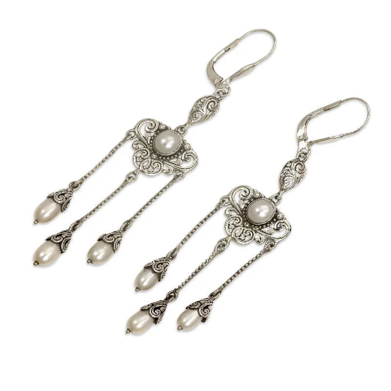 Branch stem earrings-NOVICA Moonlight Waltz, Cultured pearl chandelier earrings - 3.1L*0.7W