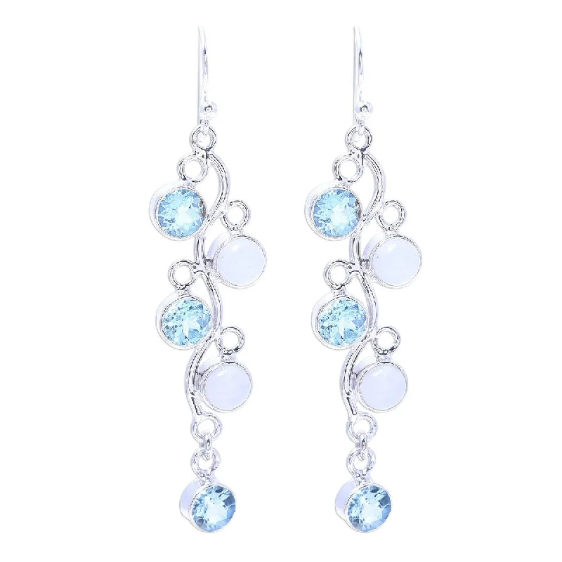 Mint leaf earrings-NOVICA Morning Climber, Blue topaz and rainbow moonstone dangle earrings - 2.4L*0.5W