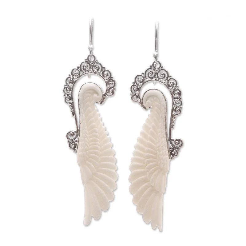 Tinted quartz earrings-NOVICA Ready to Fly, Sterling silver and bone dangle earrings - 3.1*0.8