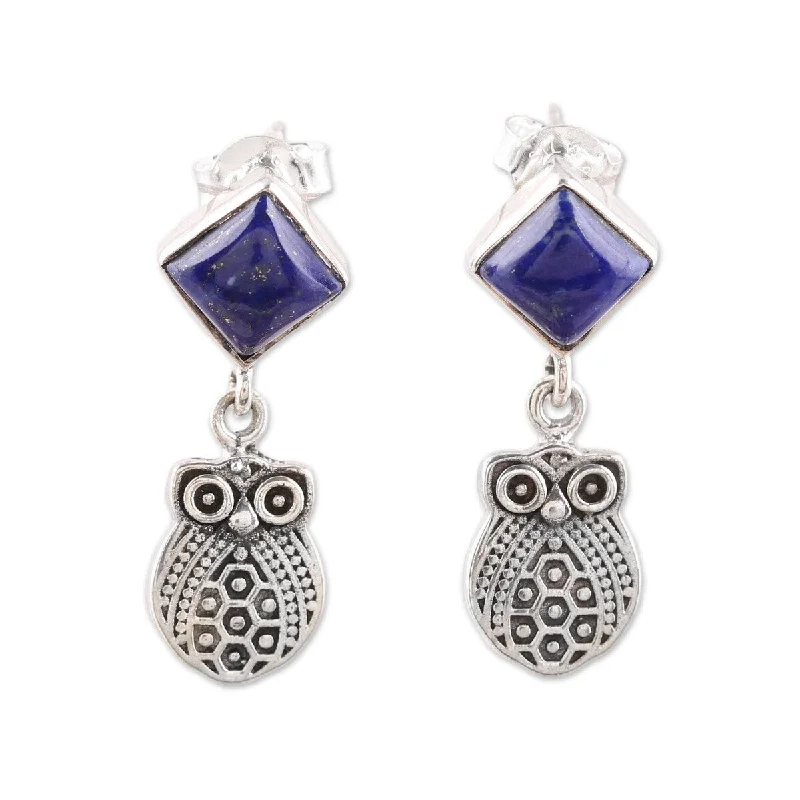 Marble fleck earrings-NOVICA Royal Owls, Lapis lazuli dangle earrings