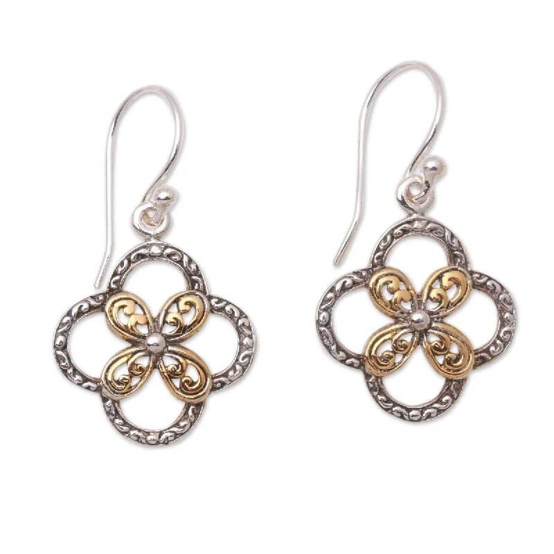 Orchid bloom earrings-NOVICA Summery Petals, Gold accented sterling silver dangle earrings - 1.4*0.8