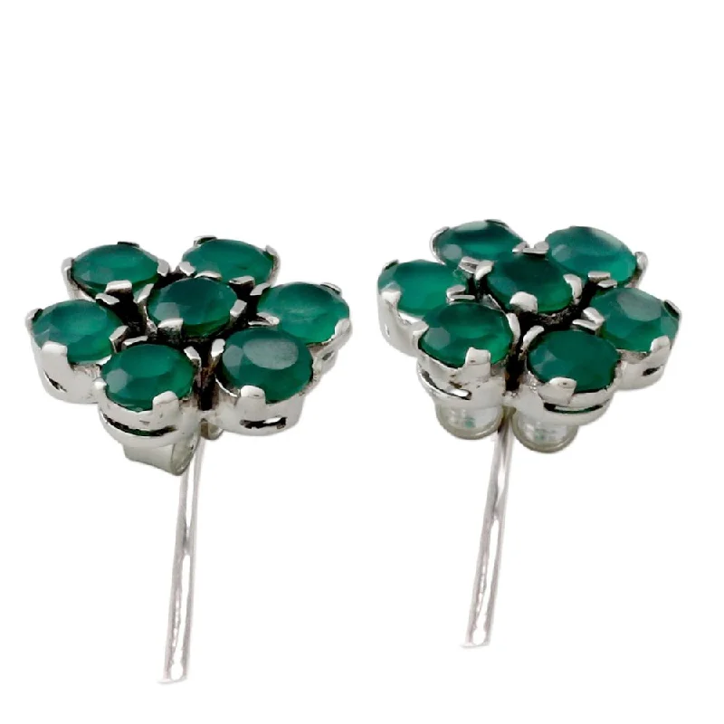 Glimmer spark earrings-Onyx Button Earrings, 'Green Blossom' (India)