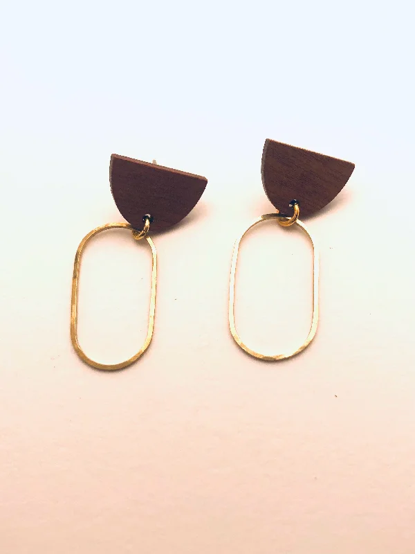 Quartz point earrings-Oval Brass Earrings with Wood