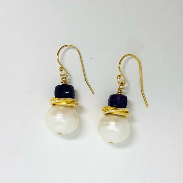 Chiseled groove earrings-Pearl & Amethyst with a Twist Ring Earrings