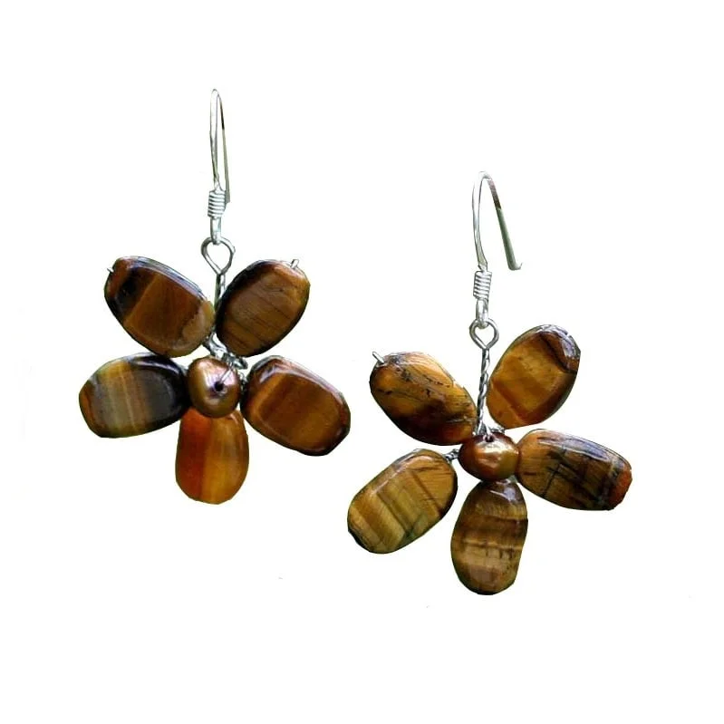 Bent sprig earrings-Pearl and Tiger's Eye 'Paradise' Flower Earrings