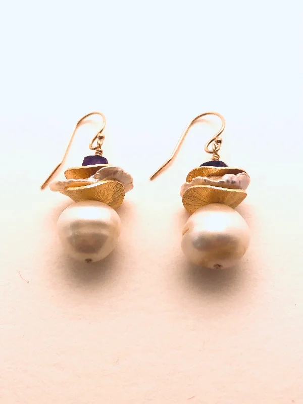 Cedar sprig earrings-Pearl with Keishi, Vermeil Discs, Amethyst Cube Earrings