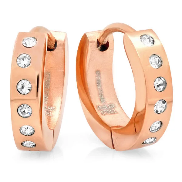 Fused alloy earrings-Rose Plated Gold Hoops with Simulated Diamonds