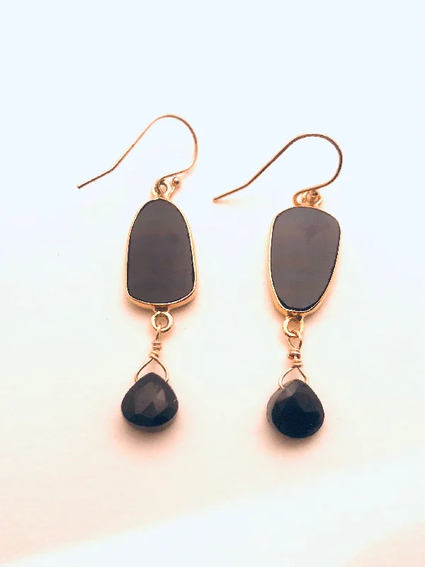 Braided wrap earrings-Smooth Onyx wrapped in Vermeil Earrings with Jet Briolette