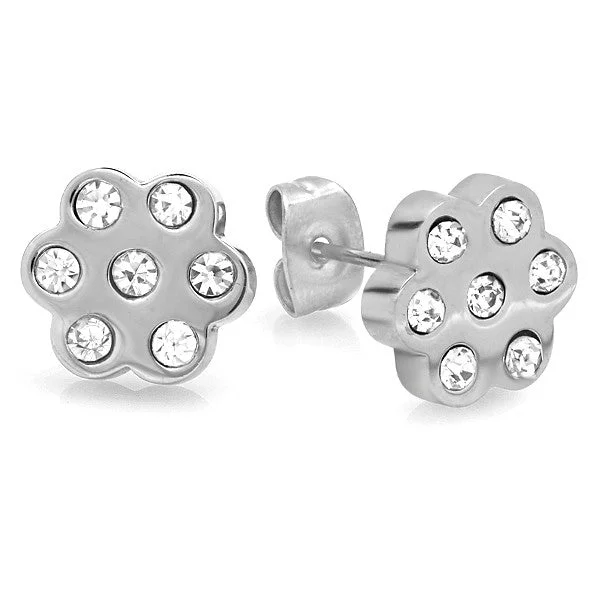 Coiled vine earrings-Ladies Stainless Steel Flower Earrings With CZ Stones