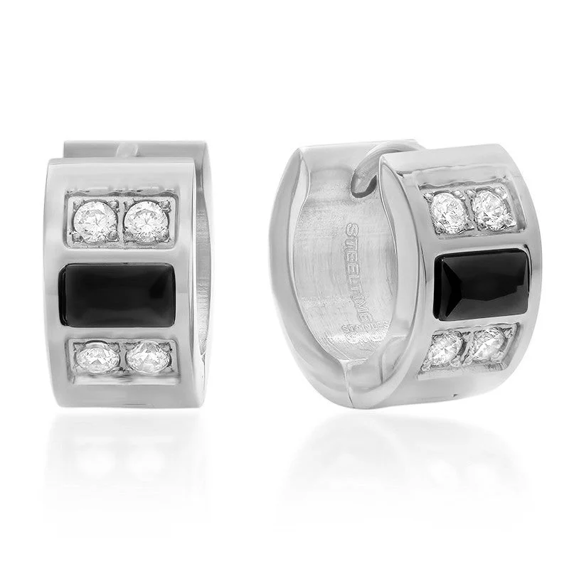 Fleck finish earrings-Stainless Steel Huggie Earrings with Simulated Diamonds and Black IP