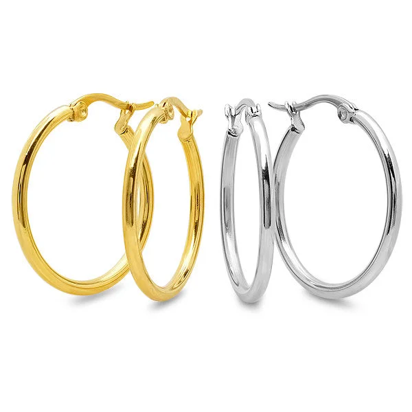 Joint clasp earrings-Stainless Steel Set Of 2 Hoops In Metallic And 18kt Gold Plated 35mm