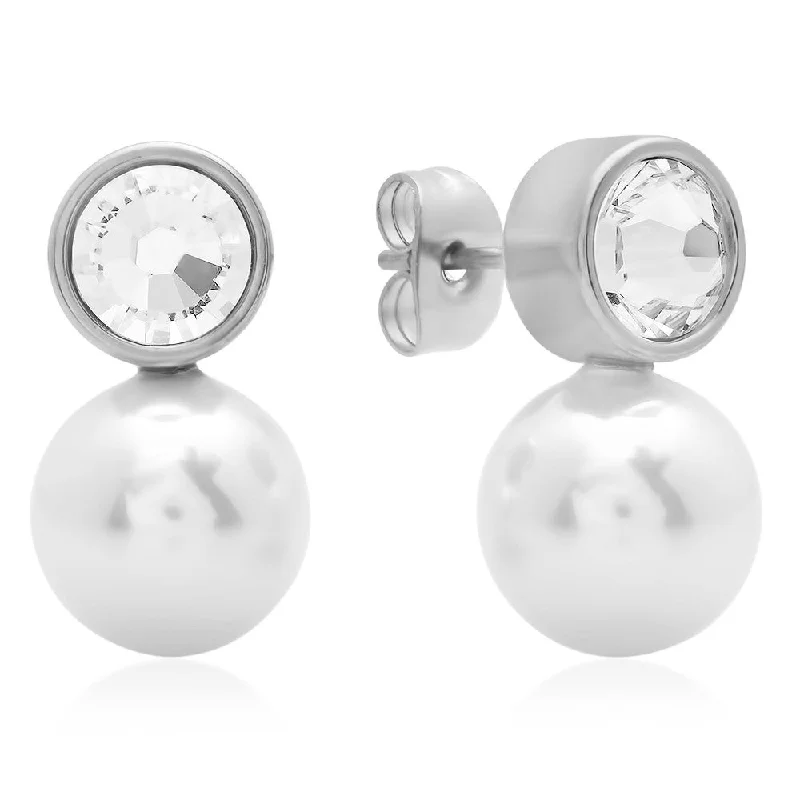 Tusk ridge earrings-Stainless Steel Stud Earrings With Simulated Pearl And SW Stones