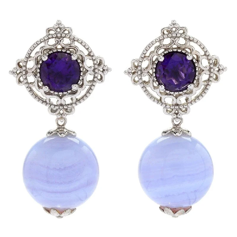 Crimson sodalite earrings-Sterling Silver 1.25" Blue Lace Agate & African Amethyst Earrings