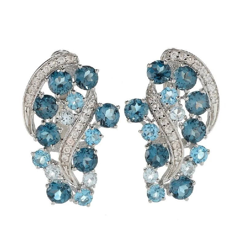 Classic mine earrings-Sterling Silver 1" London Blue Topaz & White Zircon Wave Earrings