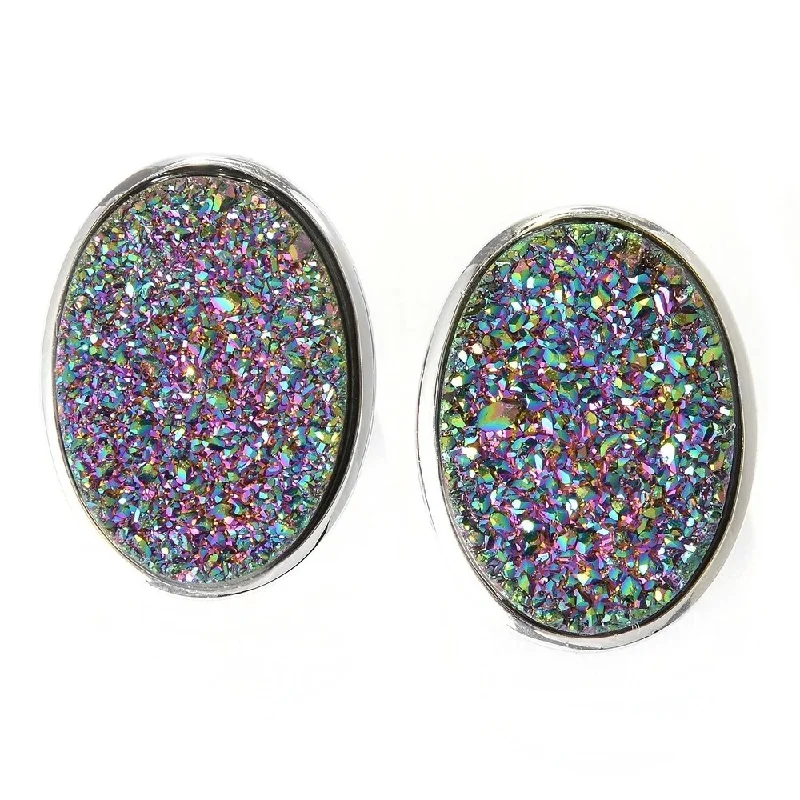 Victorian flair earrings-Sterling Silver 18 x 13mm Oval Drusy Earrings w/ Omega Backs