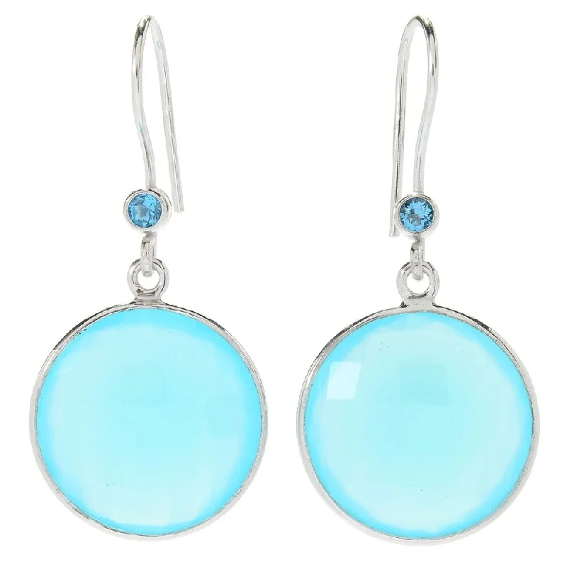 Stacked scale earrings-Sterling Silver 18mm Checkerboard Cut Aqua Chalcedony Drop Earrings