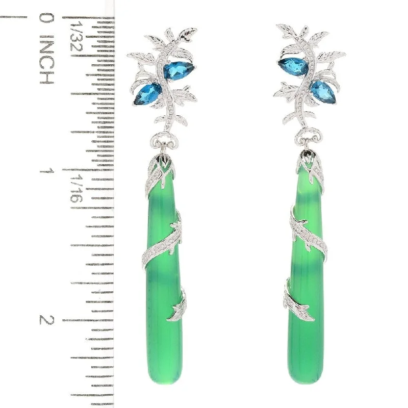 Cedar sprig earrings-Sterling Silver 2.25" Green Agate Vinework Elongated Drop Earrings