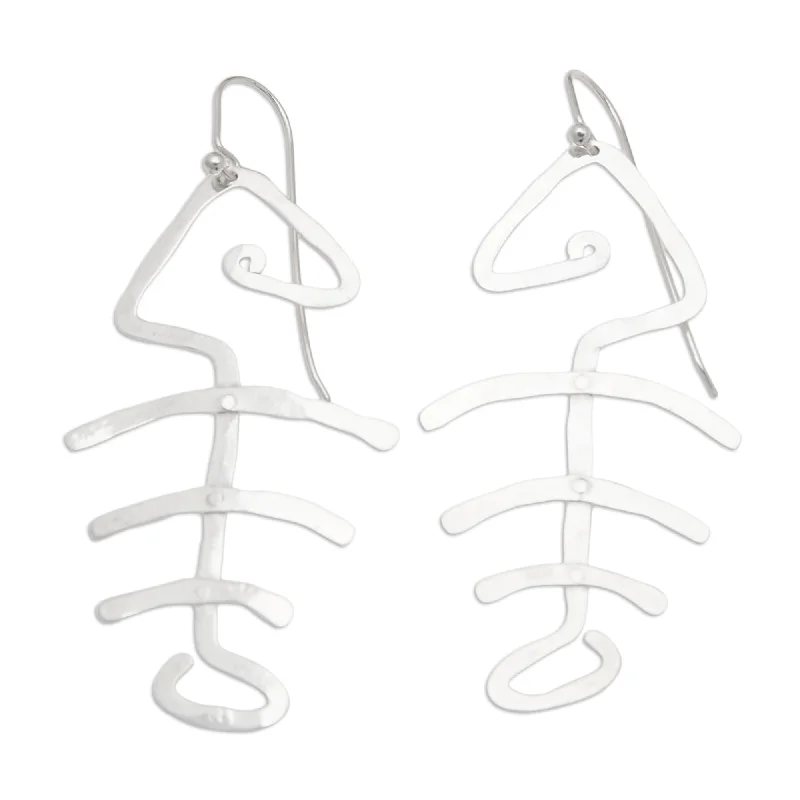 Repurposed relic earrings-Sterling Silver 'Bone Fish Bone' Earrings (Indonesia) - 2.8L*1.2W