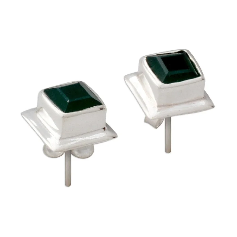 Sharp rim earrings-Sterling Silver 'Contemporary Squared' Green Onyx Earrings