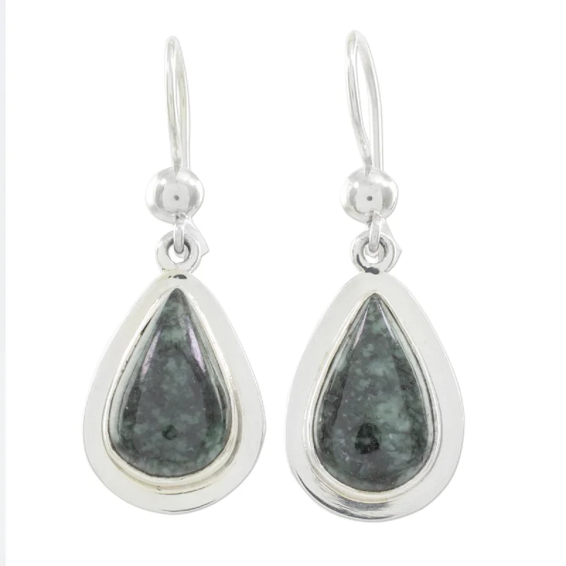 Flow stripe earrings-Sterling Silver 'Dark Green Halo' Jade Earrings (Guatemala) - 1.8L*0.6W