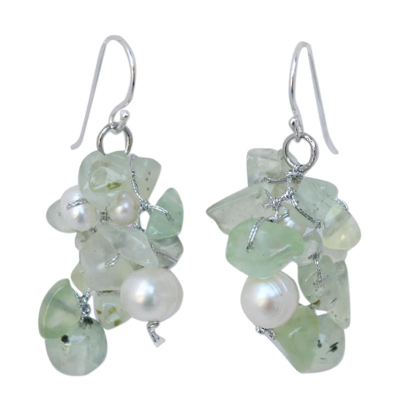 Layered gem earrings-Sterling Silver 'Whisper' Prehnite Pearl Earrings (3-7 mm) (Thailand) - 0.8"x1.8"