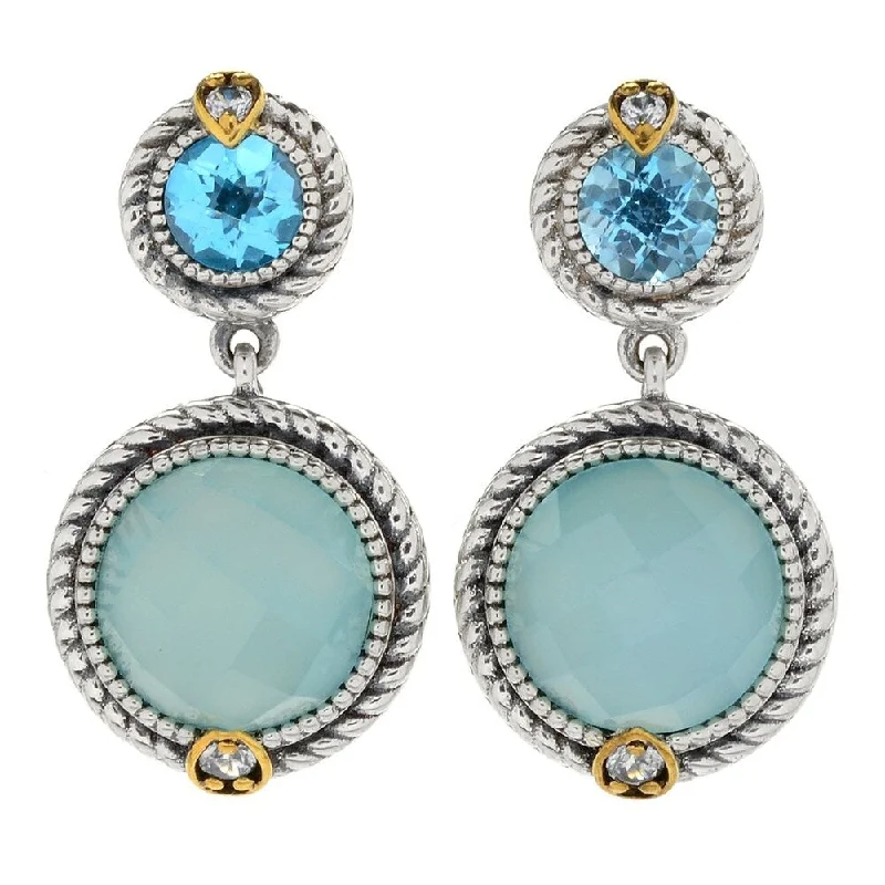 Starfield drop earrings-Swiss Blue Topaz, Chalcedony & White Zircon Drop Earrings