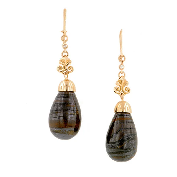 Folk print earrings-Tiger's Eye & Diamond Drop Earrings- Heirloom by Doyle & Doyle