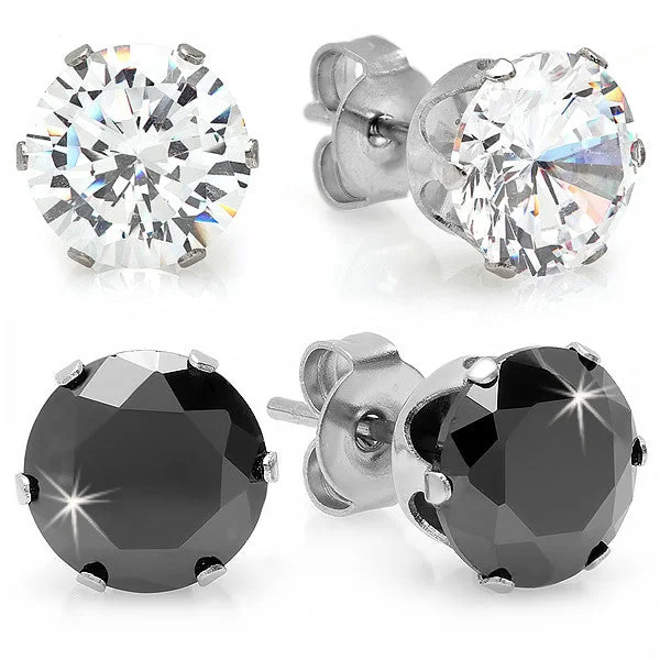 Side gem earrings-Two Pairs of Stainless Steel Stud Earrings with Simulated Diamonds