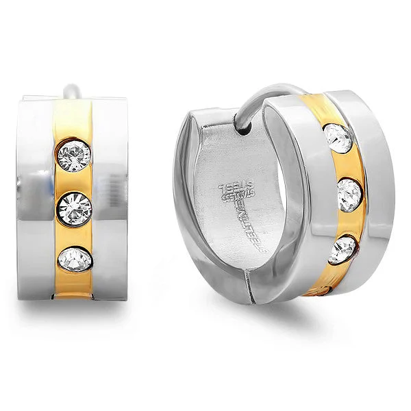 Slanted gem earrings-Steeltime Ladies Two-Tone Huggie Earrings With CZ Stones