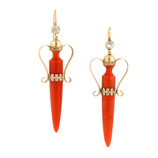 Fin curve earrings-Victorian Coral & Diamond Amphora Earrings