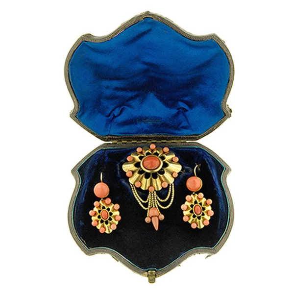 Orchid bloom earrings-Victorian Coral Earring & Pin Set