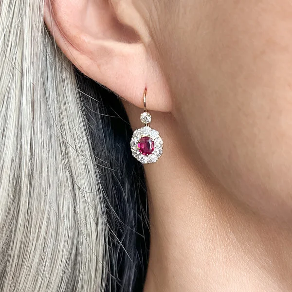 Glimmer spark earrings-Victorian Ruby Diamond Cluster Earrings