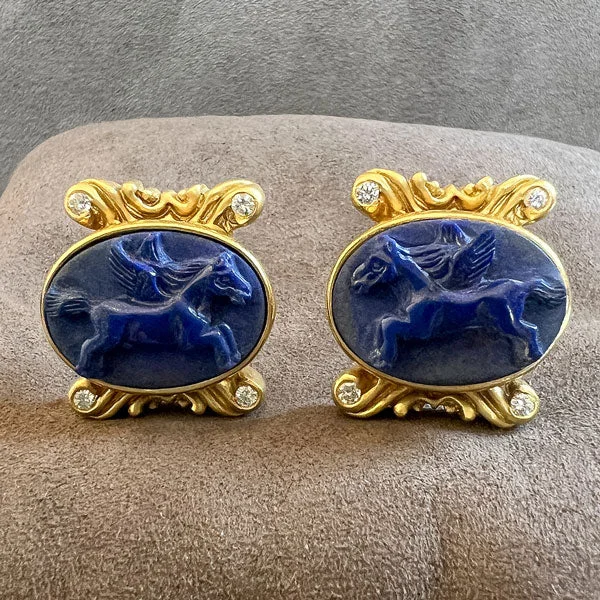 Check weave earrings-Vintage Lapis Cameo Clip Earrings