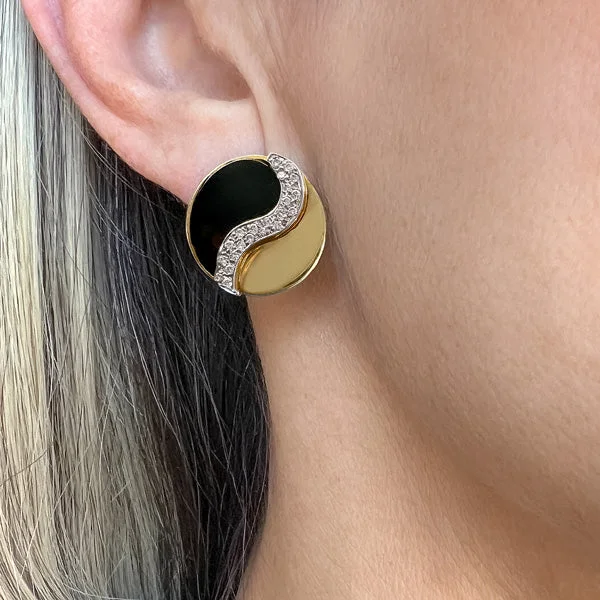 Birch husk earrings-Vintage Onyx & Diamond Yin Yang Earrings